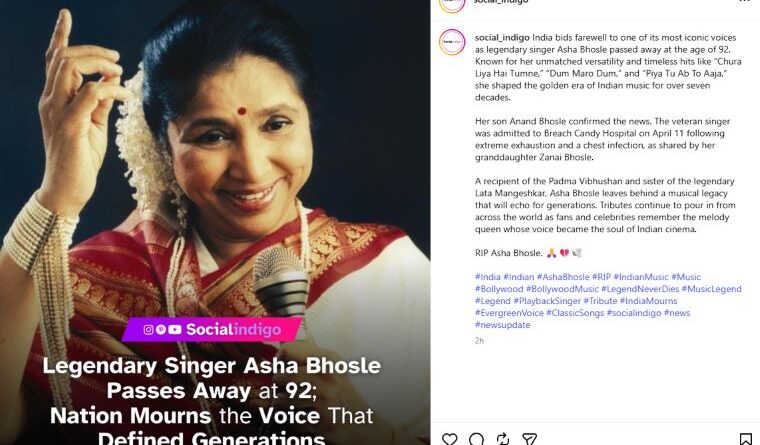 Legendary Singer Asha Bhosle Passes Away at 92 in Mumbai